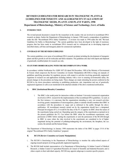 Revised guidelines for research in transgenic plants, 1998