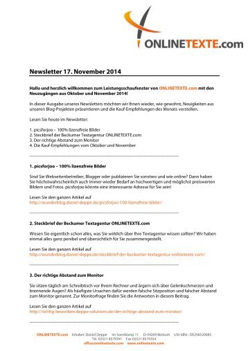 Newsletter 17. November 2014