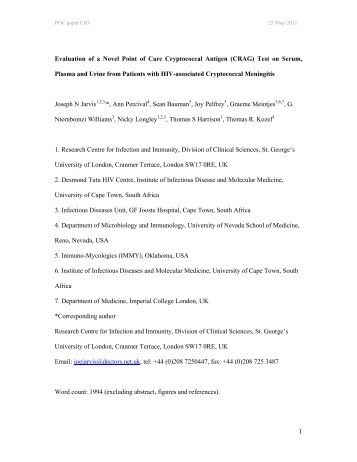 (CRAG) Test on Serum, Plasma and Urine from Patients with HIV ...