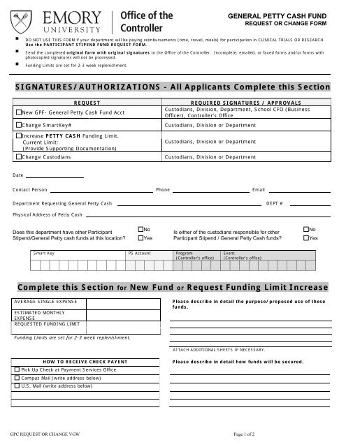 General Petty Cash Fund Request Or Change Form General Petty Cash Fund Request Or Change Form
