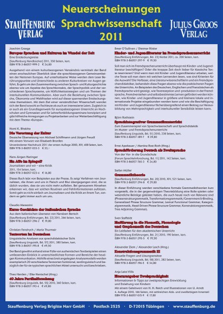 Neuerscheinungen Sprachwissenschaft 2011 Stauffenburg Verlag - 