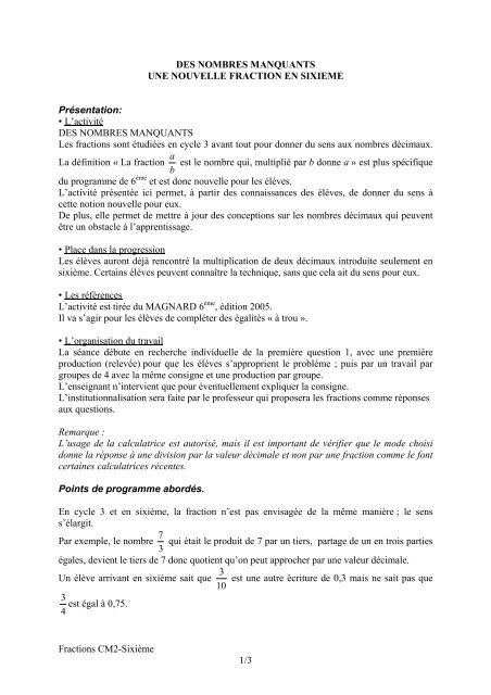 Fractions CM2-Sixième 1/3 DES NOMBRES MANQUANTS UNE ...