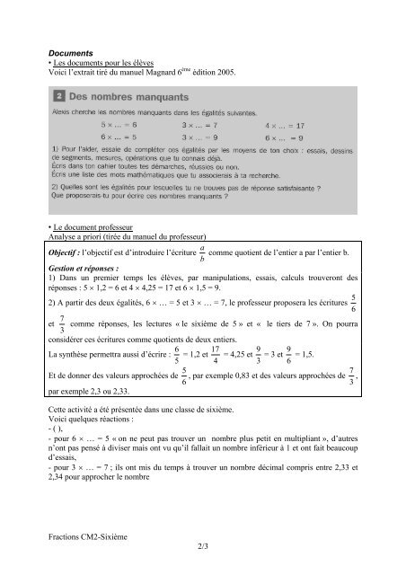 Fractions CM2-Sixième 1/3 DES NOMBRES MANQUANTS UNE ...