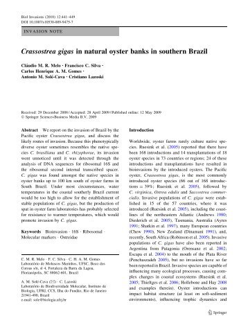 Crassostrea gigas in natural oyster banks in southern Brazil