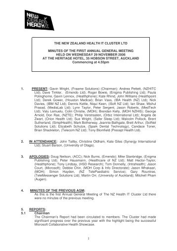 Minutes of the NZHITC Ltd AGM of 29 - New Zealand Health IT Cluster