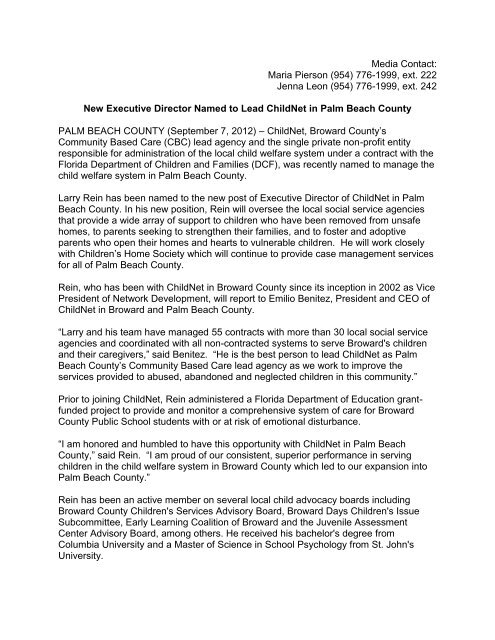 Larry Rein Named Childnet Executive Director In Palm Beach County