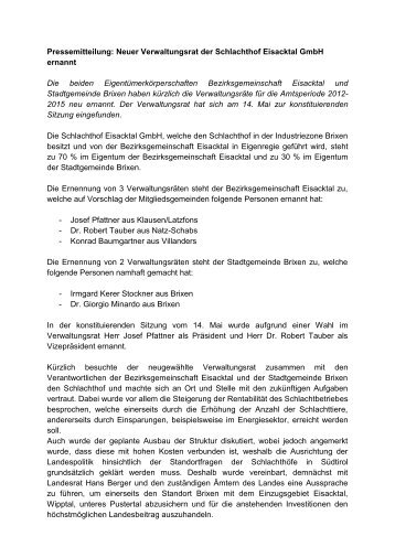 Neuer Verwaltungsrat der Schlachthof Eisacktal GmbH ernannt