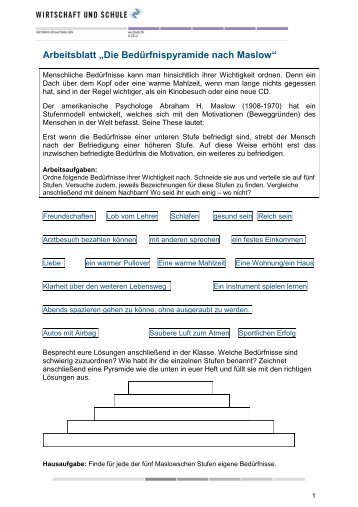 Arbeitsblatt Ã¢Â€ÂžDie BedÃƒÂ¼rfnispyramide nach MaslowÃ¢Â€Âœ - Wirtschaft und ...