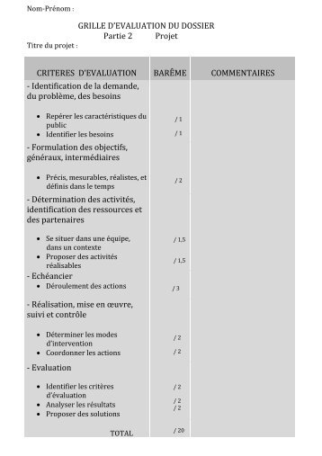 GRILLE D'EVALUATION DU DOSSIER Partie 2 Projet ... - SBSSA