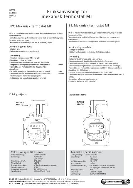 Termostat Bruksanvisning () Termostat Bruksanvisning