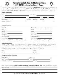 Temple Isaiah Pre-K Holiday Class 2009-2010 Registration Form