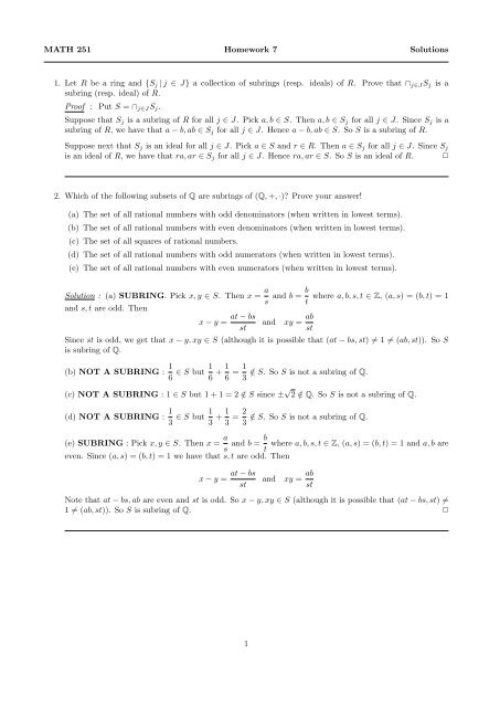 MATH 251 Homework 7 Solutions 1. Let R be a ring and {S j | j â J ...
