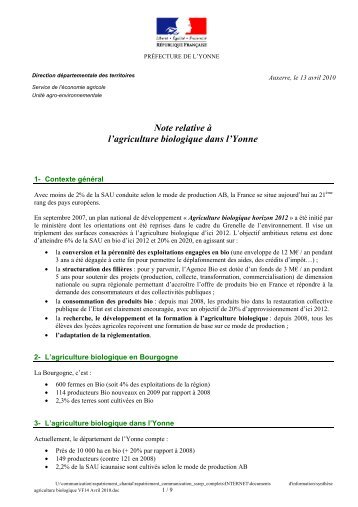 Agriculture biologique dans l'Yonne 13 04 2010 - PrÃ©fecture de l ...