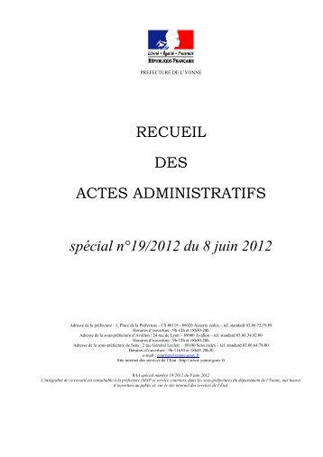 Recueil nÂ°19 du 8 juin 2012 - PrÃ©fecture de l'Yonne