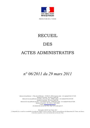 Recueil nÂ°6 du 29 mars 2011 - PrÃ©fecture de l'Yonne
