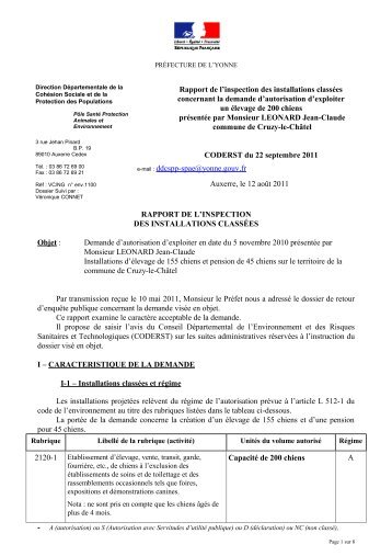 rapport inspecteur - 0,20 Mb - PrÃ©fecture de l'Yonne