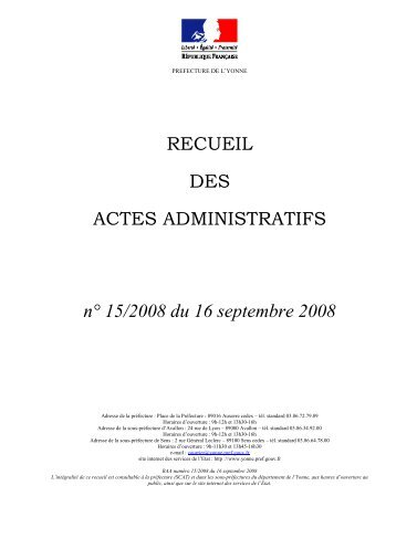 Recueil nÂ°15 du 16 septembre 2008 - PrÃ©fecture de l'Yonne