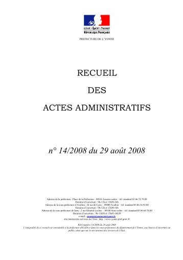 Recueil nÂ°14 du 29 aoÃ»t 2008 - PrÃ©fecture de l'Yonne