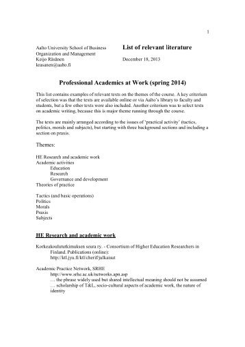 List of relevant literature Professional Academics at Work (spring ...