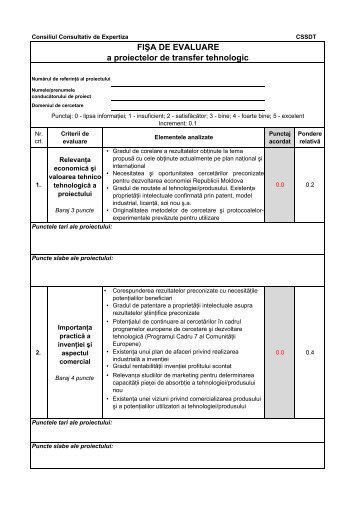 FIÅA DE EVALUARE a proiectelor de transfer tehnologic