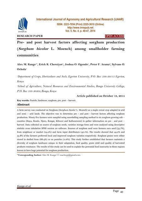 Pre- and post harvest factors affecting sorghum production (Sorghum bicolor L. Moench) among smallholder farming communities