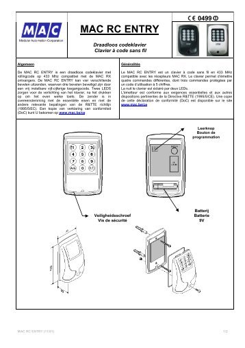 Codeklavier MAC RC ENTRY - NL -handleiding.pdf - Garagedoors.be