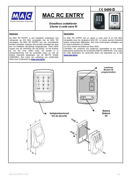 Codeklavier MAC RC ENTRY - NL -handleiding.pdf - Garagedoors.be