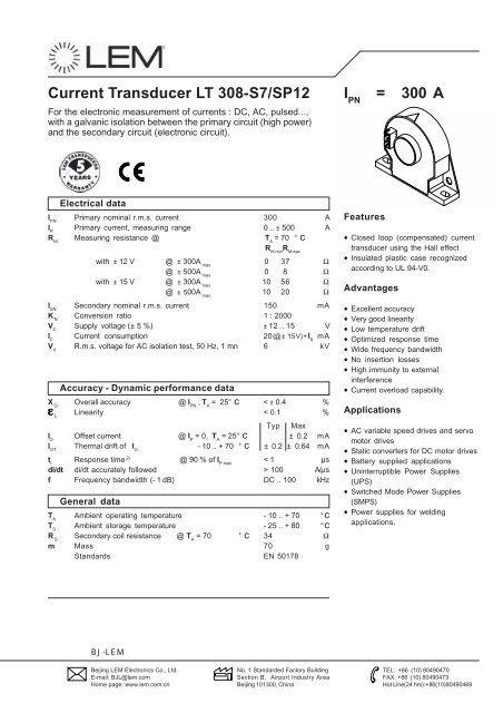 Current Transducer Lt 308 S7 Sp12 I 300 A