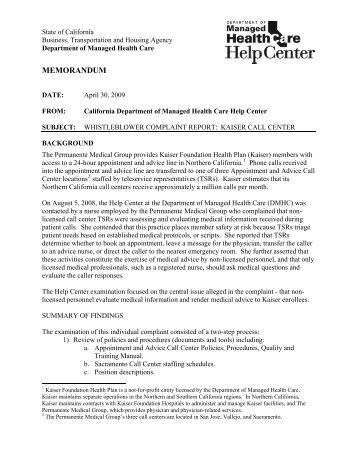 MEMORANDUM - Department of Managed Health Care - State of ...