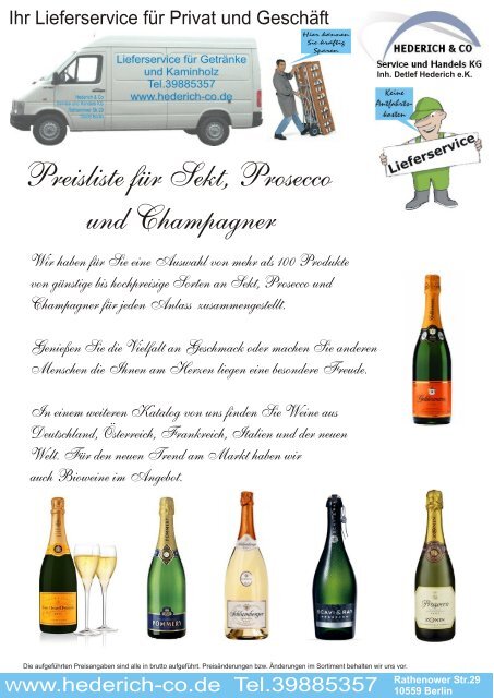 Preisliste für Sekt, Prosecco und Champagner - Hederich & Co ...