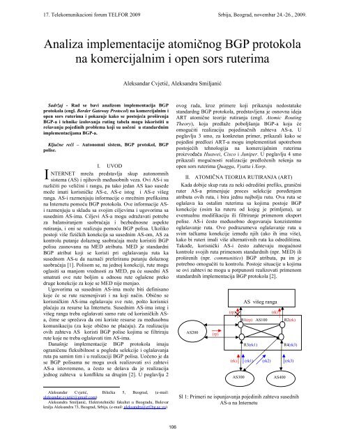 Analiza implementacije atomičnog BGP protokola na ... - Telfor 2009