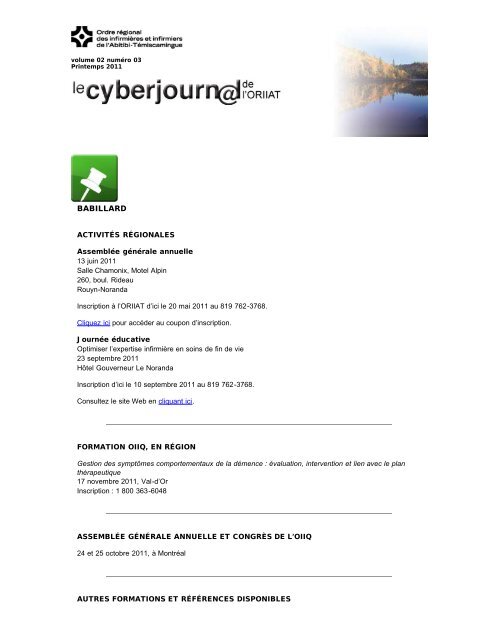 OIIQ - Le Cyberjournal de l'ORIIAT - Accueil - Ordre des infirmiÃ¨res ...