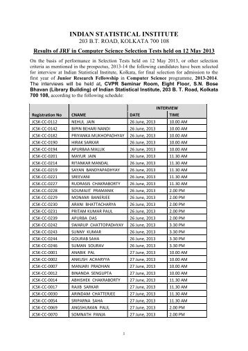 JRF in Computer Science - Indian Statistical Institute