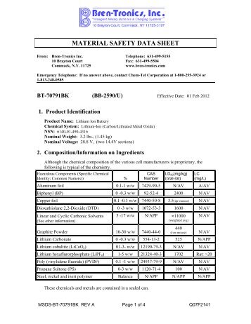 MATERIAL SAFETY DATA SHEET - Bren-Tronics Inc.