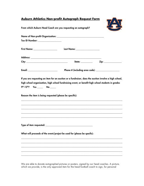 Auburn Athletics Non-profit Autograph Request Form - AuburnTigers ...