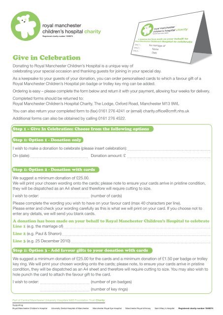 Give in Celebration - Royal Manchester Childrens Hospital Charity