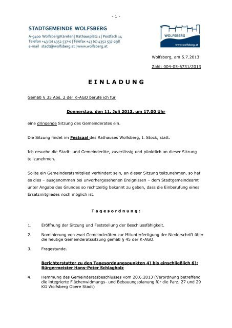 Einladung zur Sitzung des Gemeinderates 11. 07. 2013 - Wolfsberg