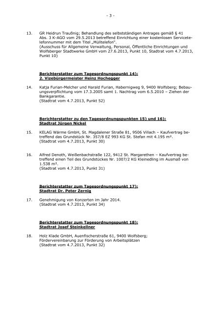 Einladung zur Sitzung des Gemeinderates 11. 07. 2013 - Wolfsberg