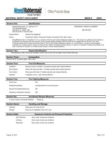 material safety data sheet msds # 25001 - Msds - Newell Rubbermaid