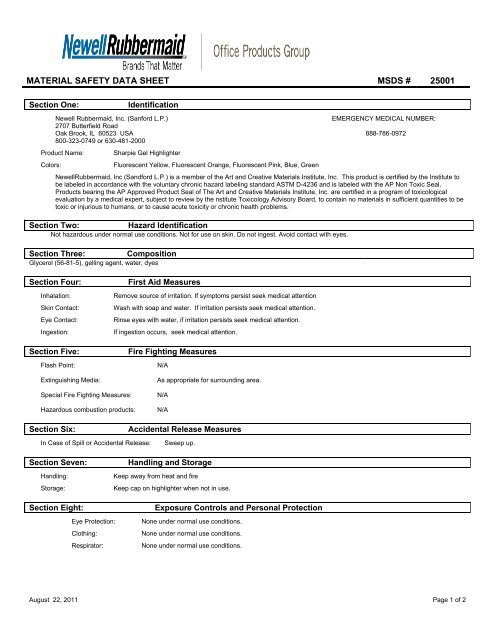 material safety data sheet msds # 25001 - Msds - Newell Rubbermaid