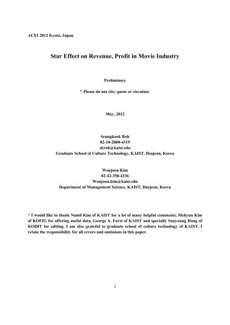 Star Effect on Revenue, Profit in Movie Industry