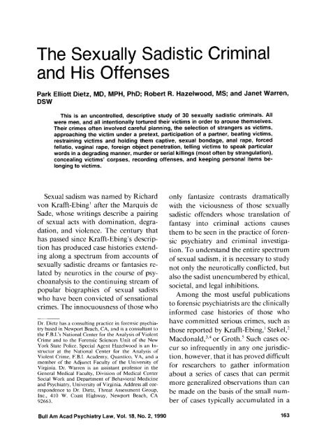 The Sexually Sadistic Criminal and His Offenses - Journal of the ...