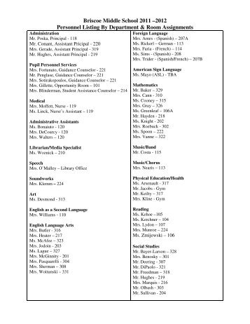 Briscoe Middle School 2011 –2012 Personnel Listing By ...