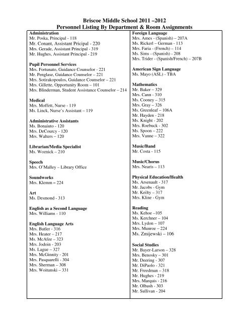 Briscoe Middle School 11 12 Personnel Listing By Briscoe Middle School 11 12 Personnel Listing By