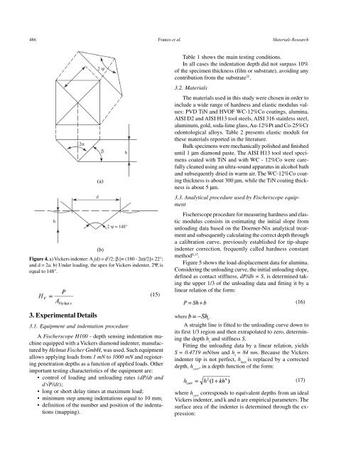 The Use of a Vickers Indenter in Depth Sensing Indentation for ...