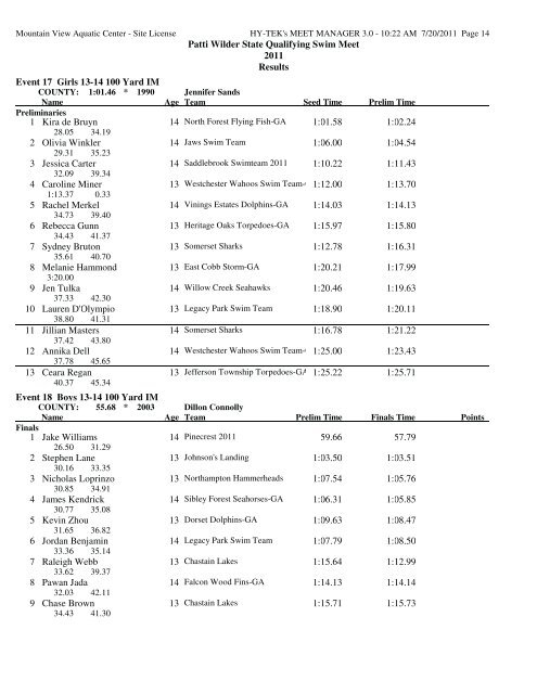 Patti Wilder State Qualifying Swim Meet 2011 Results Event 1 Girls ...