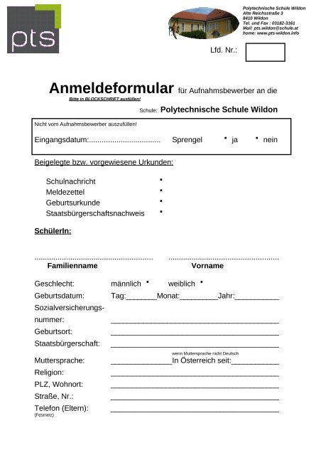 Anmeldeformular - Polytechnische Schule Wildon