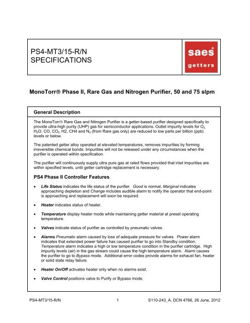 Specifications, PS4-MT3/15-R/N - SAES Pure Gas