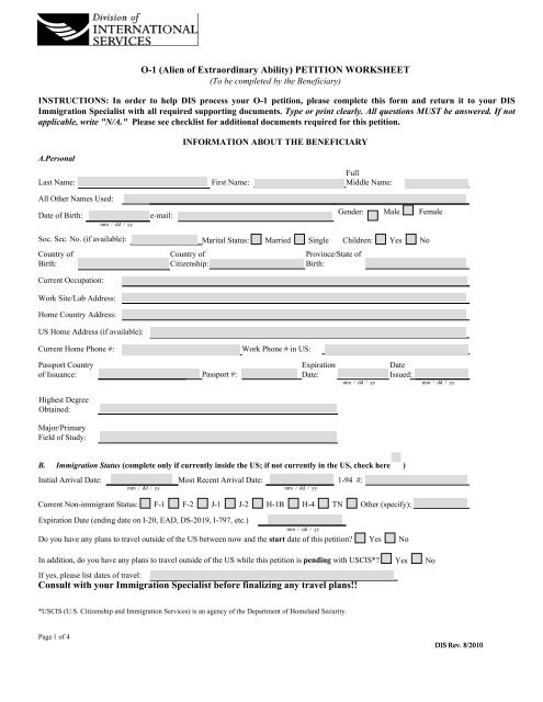 In order to help you obtain H-1B status, please complete this form ...