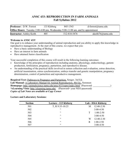 ANSC 433: REPRODUCTION IN FARM ANIMALS Fall Syllabus